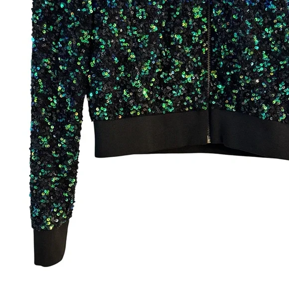 Mac Duggal Sequin Bomber Jacket Black Blue Green Zip Up Size 4 - Picture 4 of 10